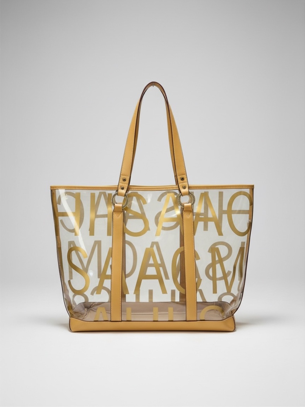 Isaac Mizrahi Clear Vinyl Tote Tan Trim Gold Logo